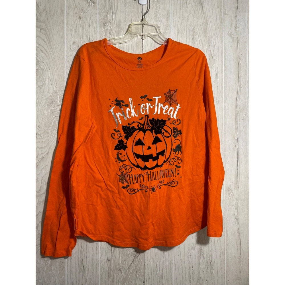 Halloween Trick or Treat  Womens/Juniors xl/xg Orange Long Sleeve T Shirt EUC